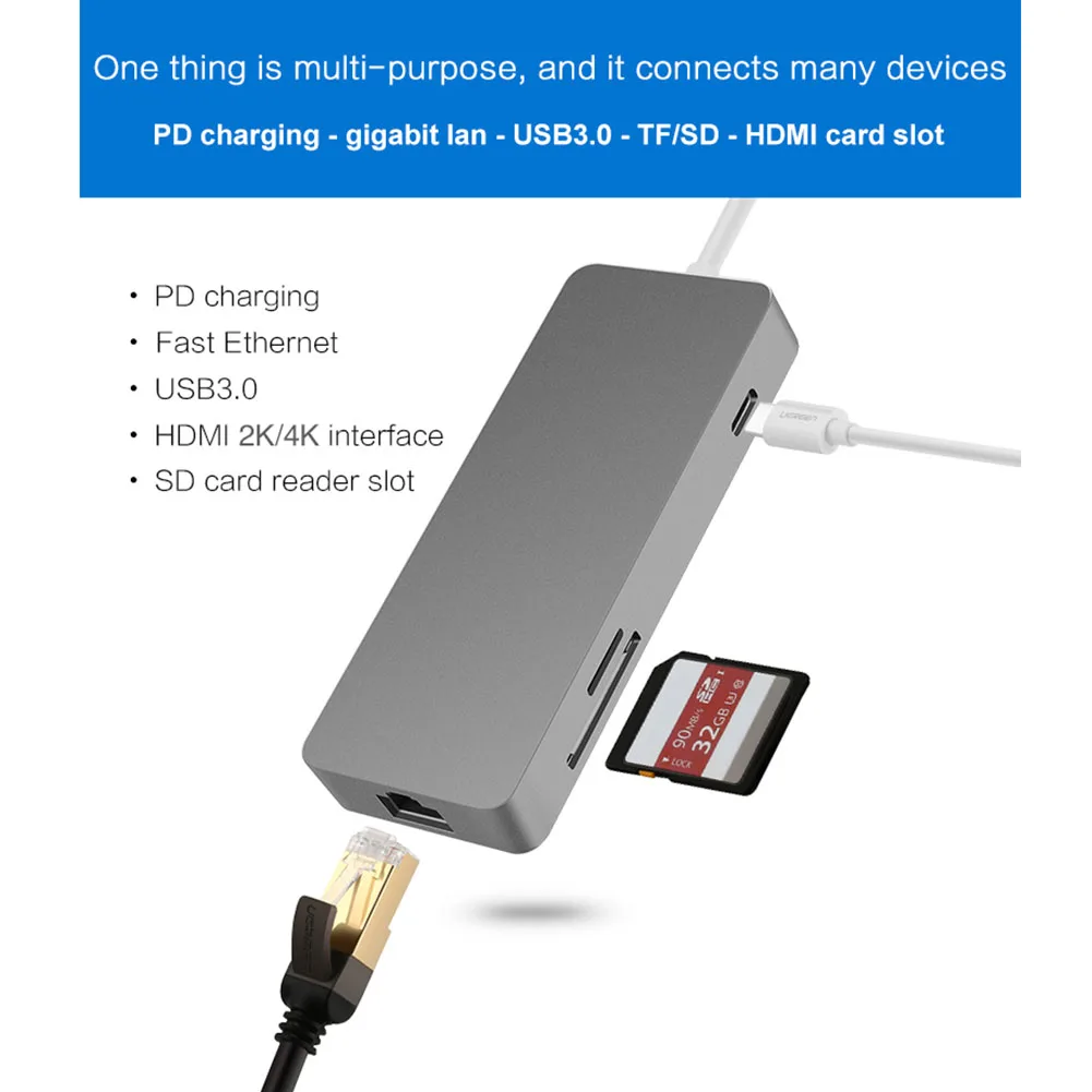 7 портов практичный Тип C концентратор type-C к HDMI/USB3.0/сетевой порт/TF концентратор высокая скорость передачи портативный