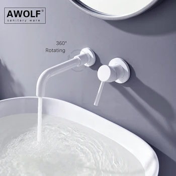 

Bathroom Basin Faucet Tap Solid Brass Wall Mounted Spout White Elegance Hot Cold 360 Degree Rotating Mixer Spout ML8038