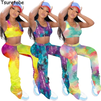 

Tsuretobe Tie Dye Print 2 Piece Set Women Stacked Leggings Crop Top Outfits Streetwear Summer Clothes For Women 2020 Wholesale