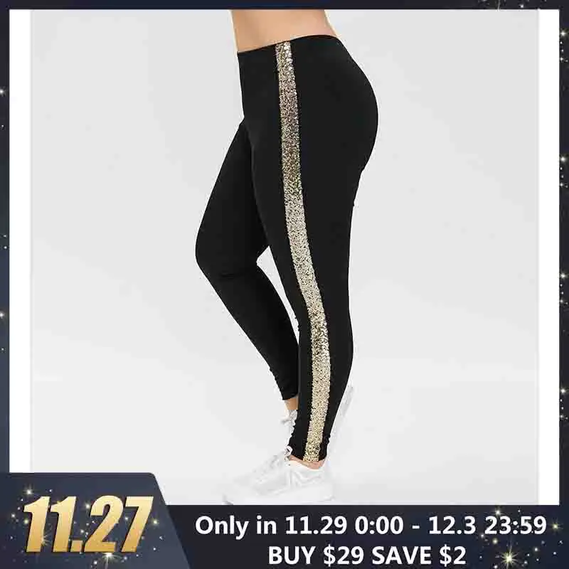 

Rosegal Plus Size High Waisted Leggings with Sequined Women Pants Black Skinny Elastic Waist Leggings Casual Lady Trousers 2019