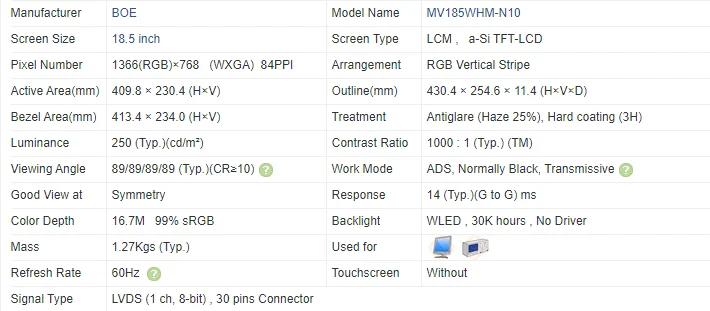 18.5 ġ BOE LCD ÷ г MV185WHM-N10 1366*768 LCM , a-Si TFT-LCD