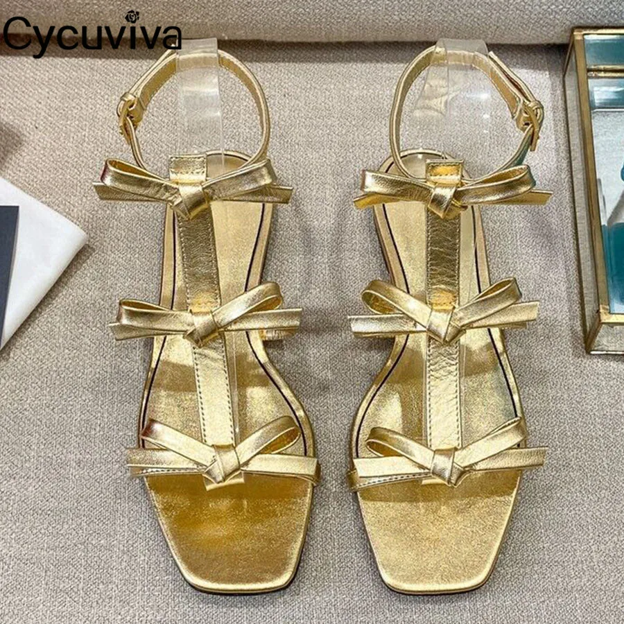 Designer Bow Ankle Strap Flat Sandals Women Black Leather Casual Beach Shoes Woman Square Peep