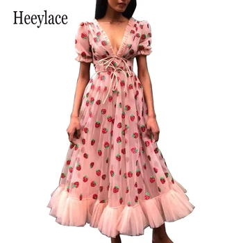 

in stock Strawberry Embroidery Cascading Ruffle Design dresses deep V-neck Lace long Dress Women Sweet pink Maxi Holiday Dress