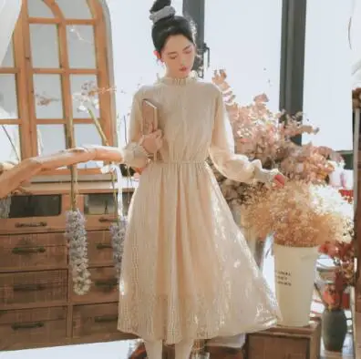 Японский стиль Mori Girl милое кружевное платье весна осень женские плиссированные воротник длинные кружевные платья абрикосовый, белый Kawaii одежда - Цвет: Apricot