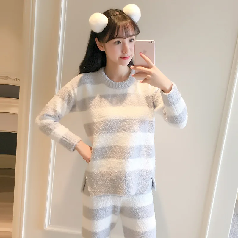 

Front Short Long Back Soft Tracksuit Women's Warm Thick Stripes Knitted Yarn Pajamas Suit Autumn & Winter