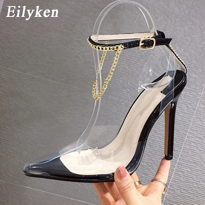 

Eilyken Metal Chain Decoration High Heels Ankle Strap Buckle Summer Pumps 2020 Sexy Pointed Toe PVC Transparent Women Sandals