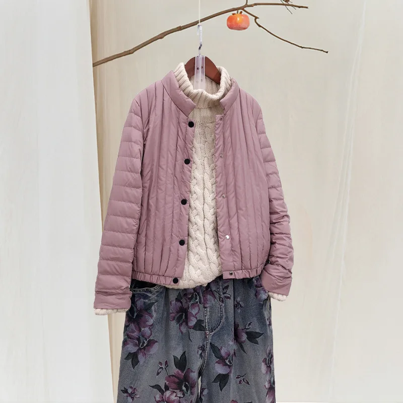 Thin down Jacket Women's Short Spring And Autumn Stand Collar Literature And Art Retro National Wind Versatile Vertical Striped