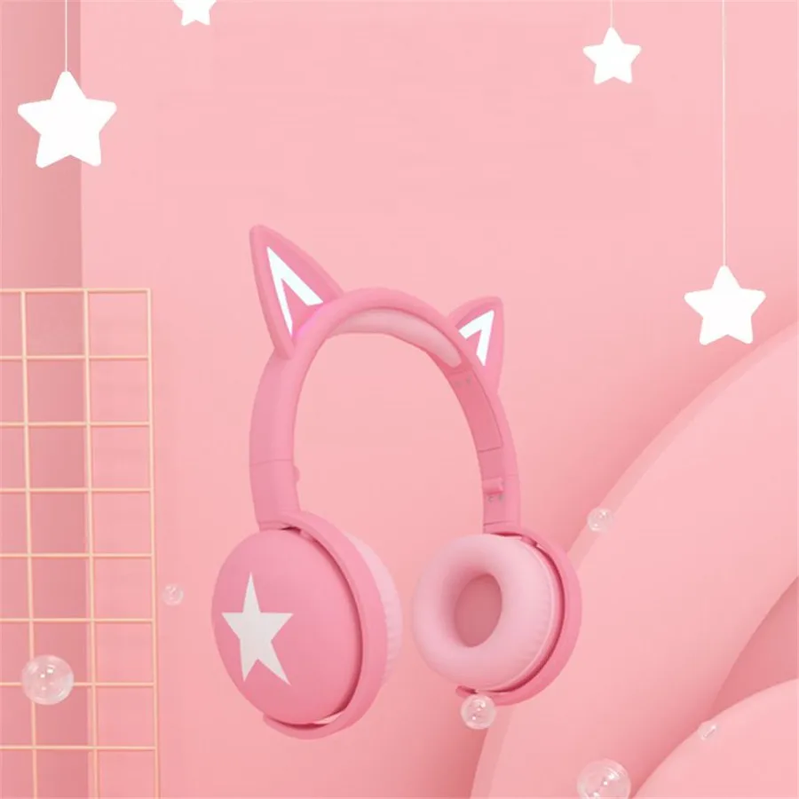Kids Bluetooth 5 0 Headphones LED Light Cat Ears Headset Wireless Earphone HIFI Stereo Bass Headphone with Microphone For Kids