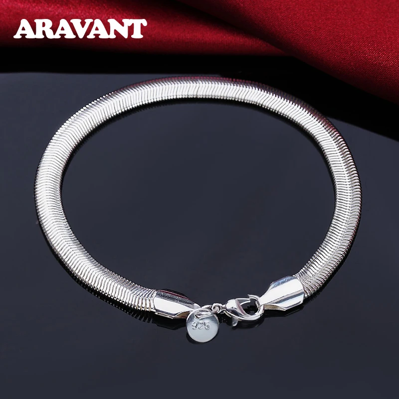 

925 Silver 6MM Flat Snake Chain Bracelet Bangle For Women Charm Jewelry Pulseira Gift