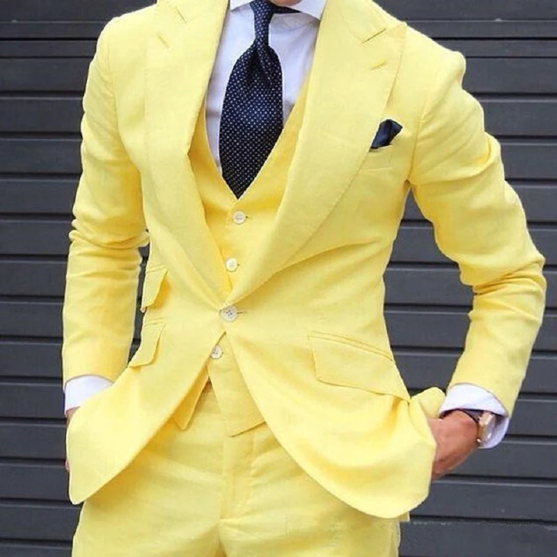 

Yellow Slim fit Casual Men Suits for Singer 3 piece Groom Tuxedo Prom Stage Man Fashion Wedding Costume Jacket Vest with Pants