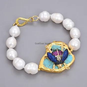 

GG Jewelry Freshwater Cultured White Rice Pearl Blue Turquoise CZ Insect Bracelet 8"