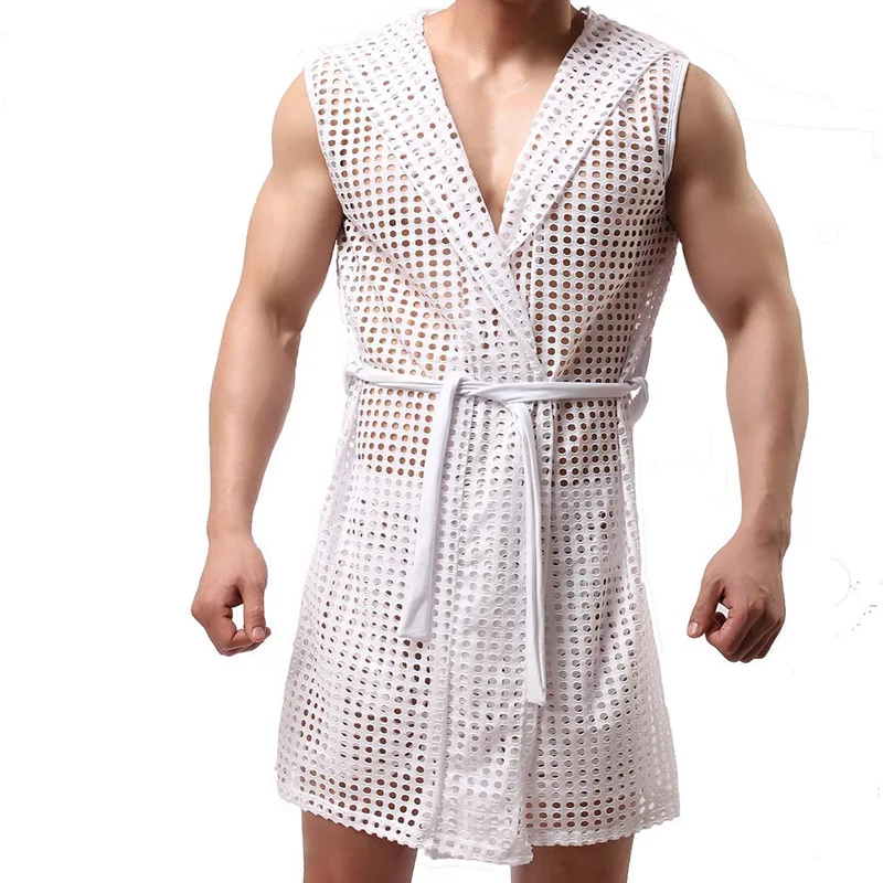 

Men's Sexy Bathrobe Hooded Dressing-gown Pajamas Mesh See-Through Lingerie Open Front Sleepwear Kimono Man Gown Robes Nightgown