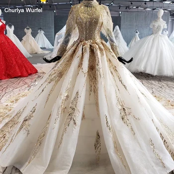 

HTL1024 Gold Sequin Applique Luxury Wedding Dress Tassel Long Sleeve Wedding Dress High Neck Pleat Long Train Vestito Da Sposa