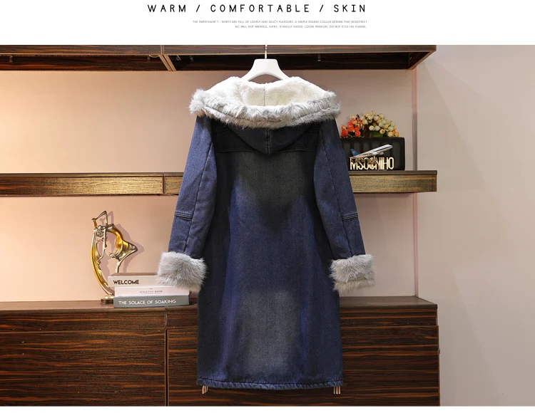 HANZANGL XL-5XL 200 фунтов новое зимнее джинсовое пальто Женская парка с меховым капюшоном размера плюс женская длинная куртка