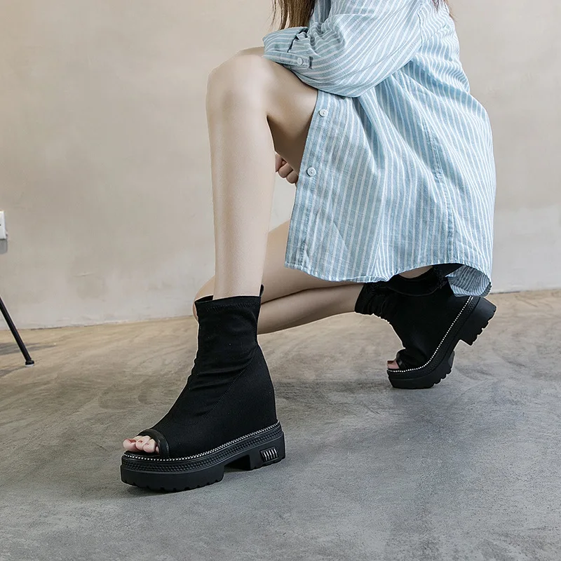 

2019 Open-toed Shoes Boots Women's Thick Bottomed Elevator Slimming Fashion Boots Korean-style Casual Women's STUDENT'S Shoes Bo