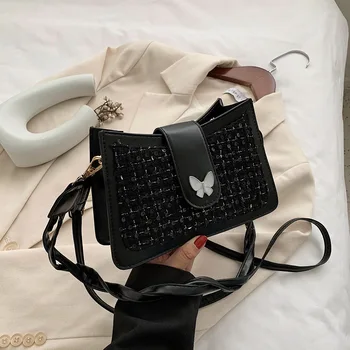 

2020 New Design Woolen Sequin Crossbody Bag Women PU Leather Square Shoulder Bag Elegant Butterfly Decor Messenger Bags