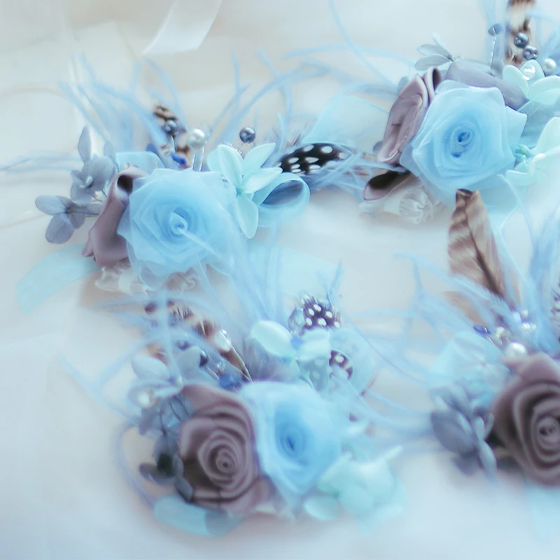 blue brooch Pink rose bouquet Feather Flower bouquet wedding Bride Bridal Artificial Flowers Handmade decoration bouquets - Цвет: blue brooch