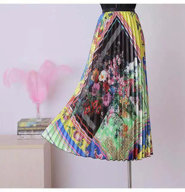 

high waisted pleated Length skirt women solid color ruffle Length skirt Elastic Waist Print Maxi Dress Medium