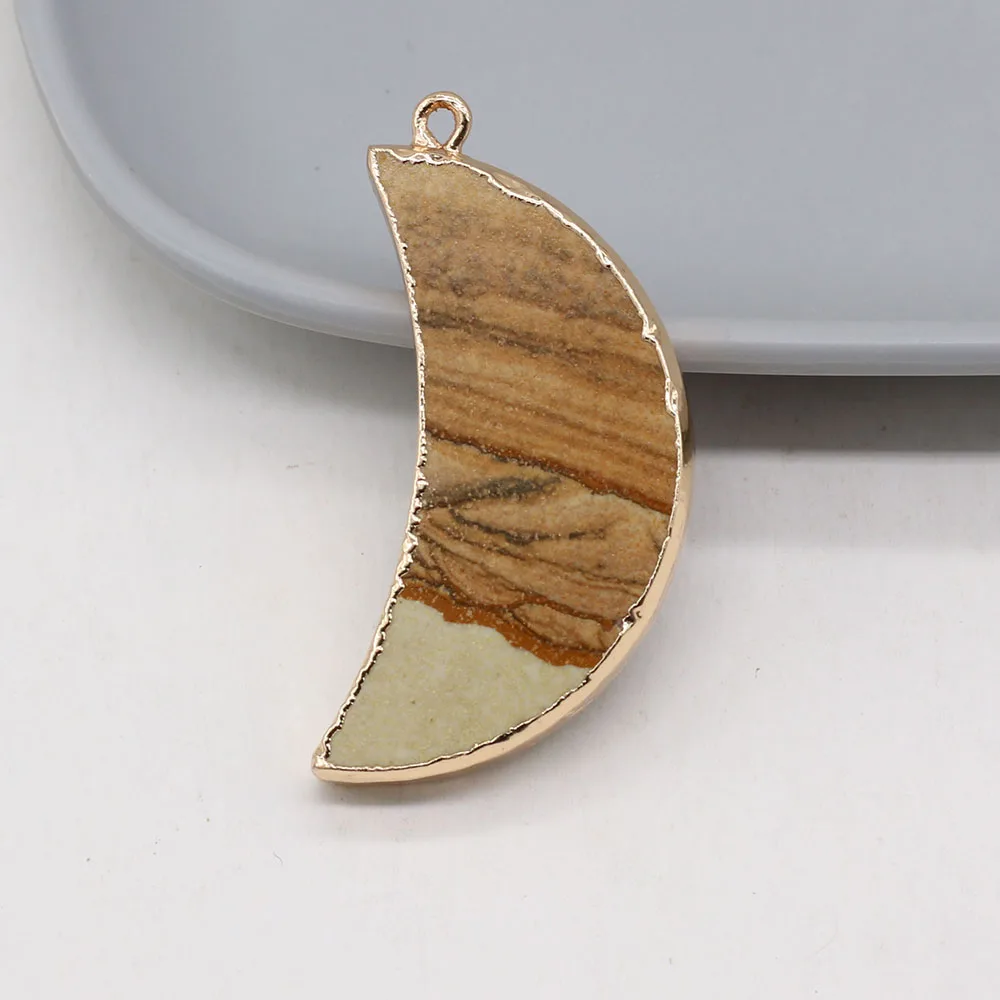 6PCS Wholesale Crescent Shape Natural Picture Stone Gilt Edge Pendant Crafts Making DIY Necklace Earring Charm Jewelry Gift