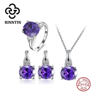 

Rinntin 925 Real Sterling Silver Women Jewelry Sets Purple AAAA Zircon Necklaces Stud Earrings Party Ring Fine Jewelry TSS40