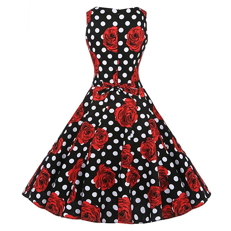 Kostlish Cotton Summer Dress Women 2017 Sleeveless Tunic 50s Vintage Dress Belt Elegant Print Rockabilly Party Dresses Sundress (92)