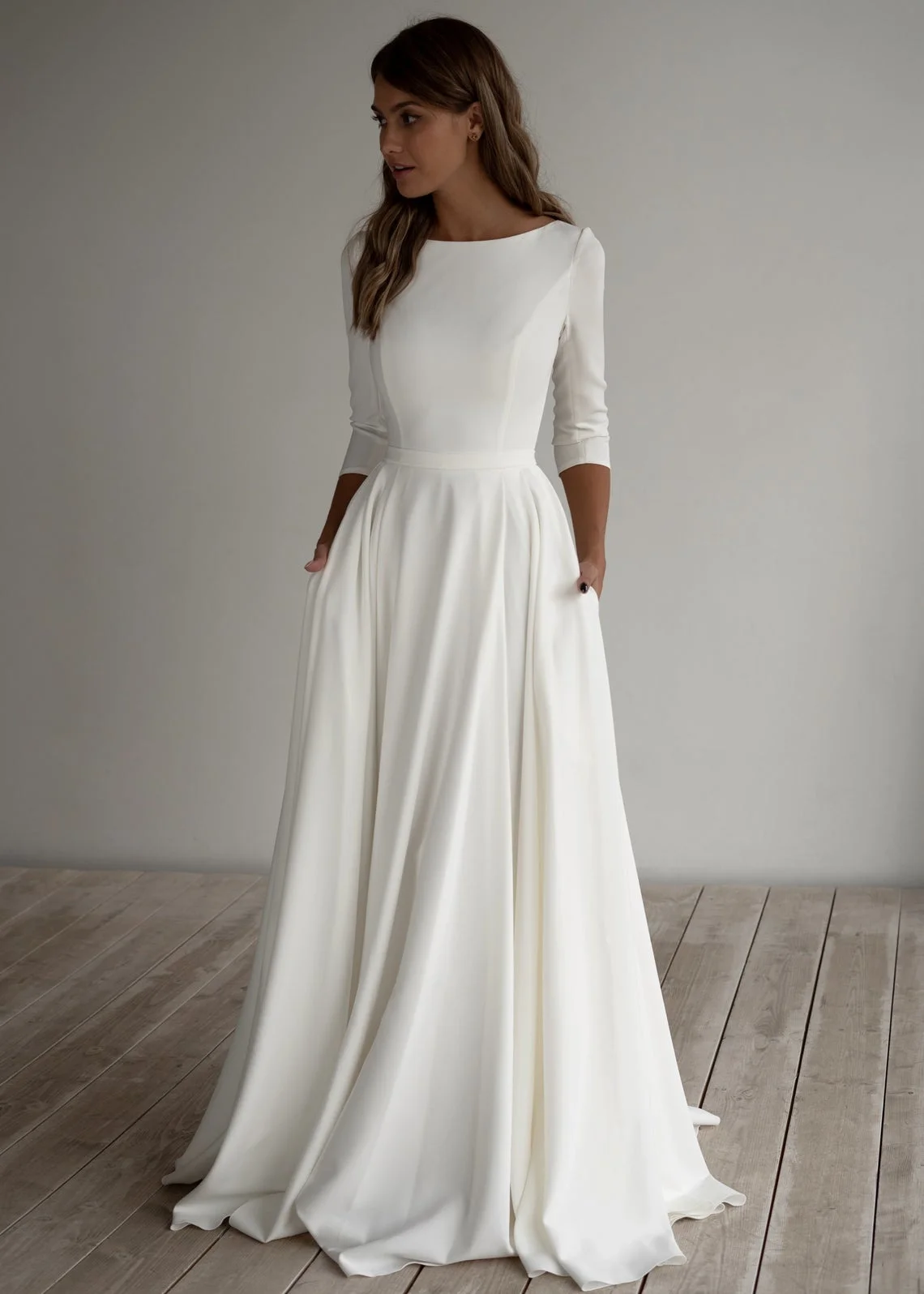 『Cheap!!!』- 2021 A-line Crepe Modest Wedding Dress Long Sleeves
Pockest Sweep Train Simple Elegant Informal Boho Bridal Gowns Sleeved
Custom