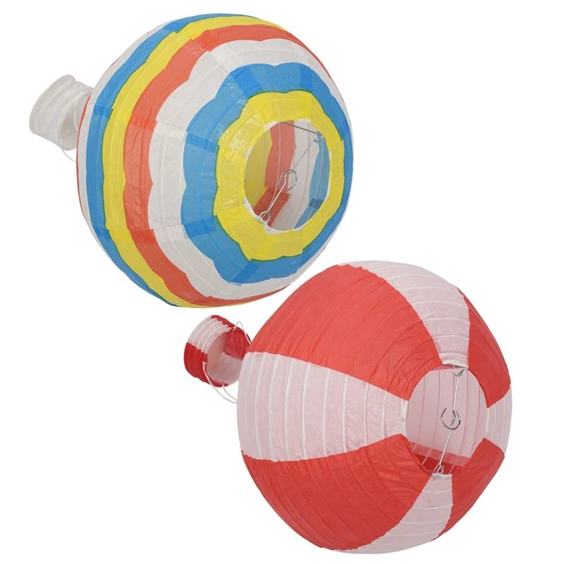 2 Pcs 12 Inch Hot Air Balloon Paper Lantern Lampshade Ceiling Light Wedding Party Decor, Colorful Stripes& Red Stripes