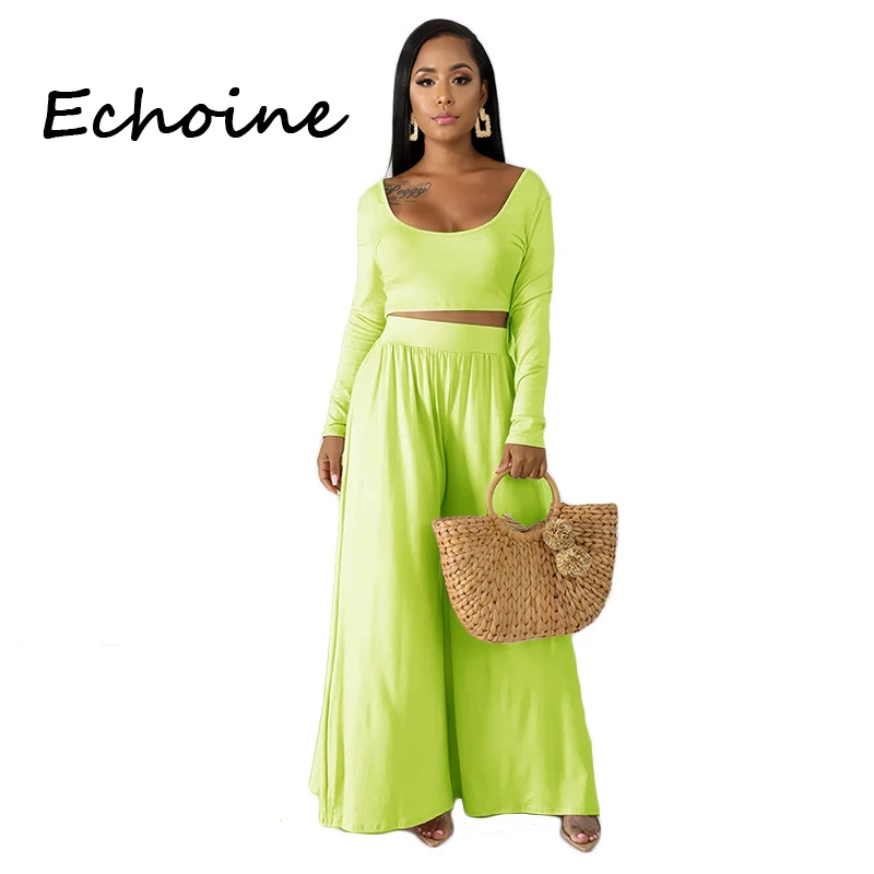 

Echoine Autumn Fashion 2 Piece Set Women Loose Long Sleeve Top + Long Wide Pants Women Clothes 2019 Soild 8 Color Plus Size 2xl