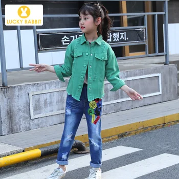 

Printed Letter Ripped Design Dazzling Girl Denim Jacket Green Grass White Color Single Coat for Teen Girls