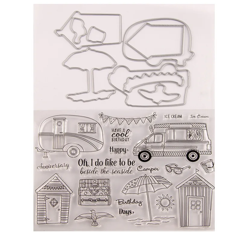 

Summer Travel House Car Stamp and Dies Transparent Clear Silicone Stamp Cutting Die Set for DIY Scrapbooking Photo Decorative