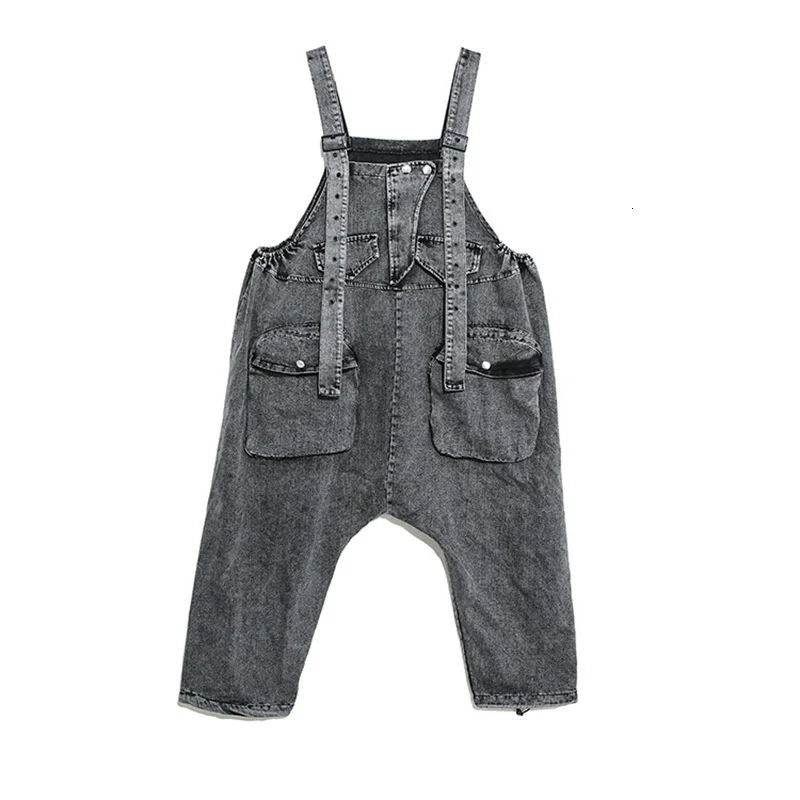 [EAM] High Waist Black Pocket Split Denim Overalls Trousers New Loose Fit Pants Women Fashion Tide Spring Autumn 1K164