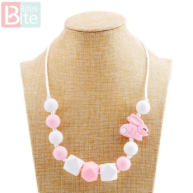Bite Bites 1pcs Baby Teething Necklace Food Grade Silicone Beads Long Chain Baby Goods Silicone Bead Nurse Gift For Baby Teether Rabbit Necklace