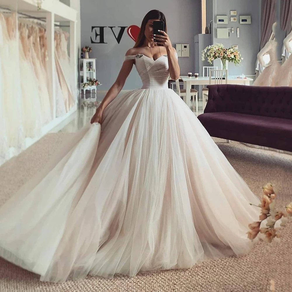 

UZN Chic Ivory Tulle Beach Wedding Dresses Sweetheart Off The Shoulder Straps Pleats Bridal Gowns Lace-Up Back vestido de novia