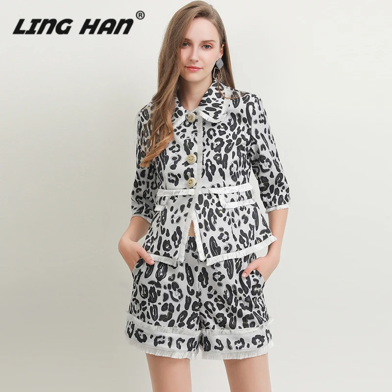 LINGHAN Модные наборы с абстрактным принтом и кисточками для женщин с отложным воротником, верхняя одежда с коротким рукавом, топ+ шорты с высокой талией, комплект из двух предметов