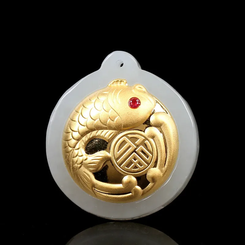 Натуральный китайский белый нефрит мозаика Золотой Карп Кулон ручной работы