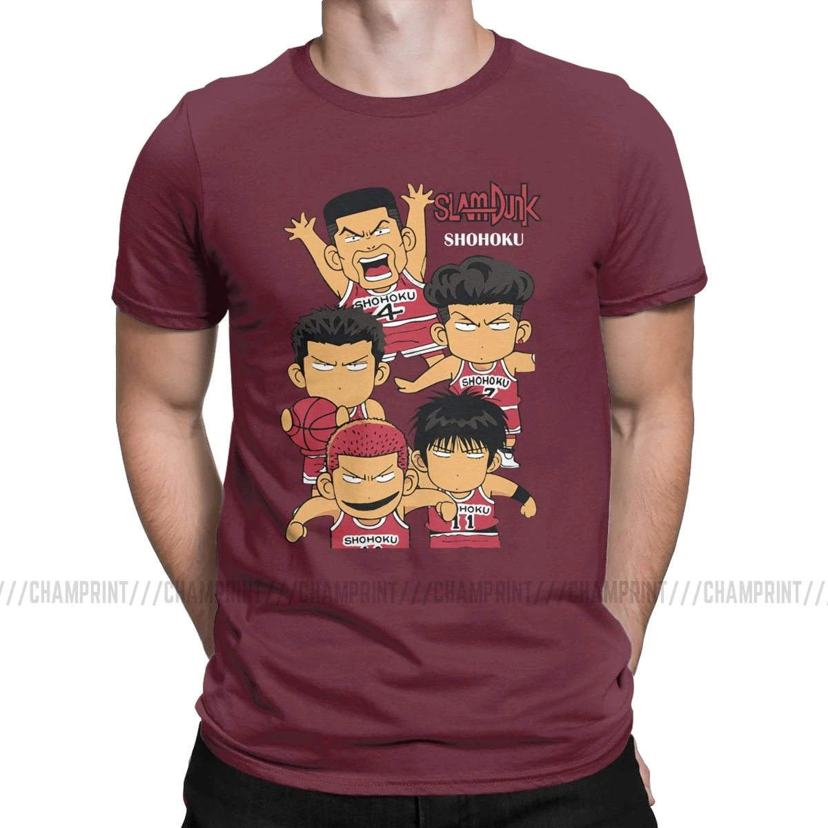 Shohoku Chibi мужские футболки Slam Dunk Баскетбол Аниме Hanamichi Спорт манга забавная футболка круглый вырез Футболка Графические Топы - Цвет: Бургундия