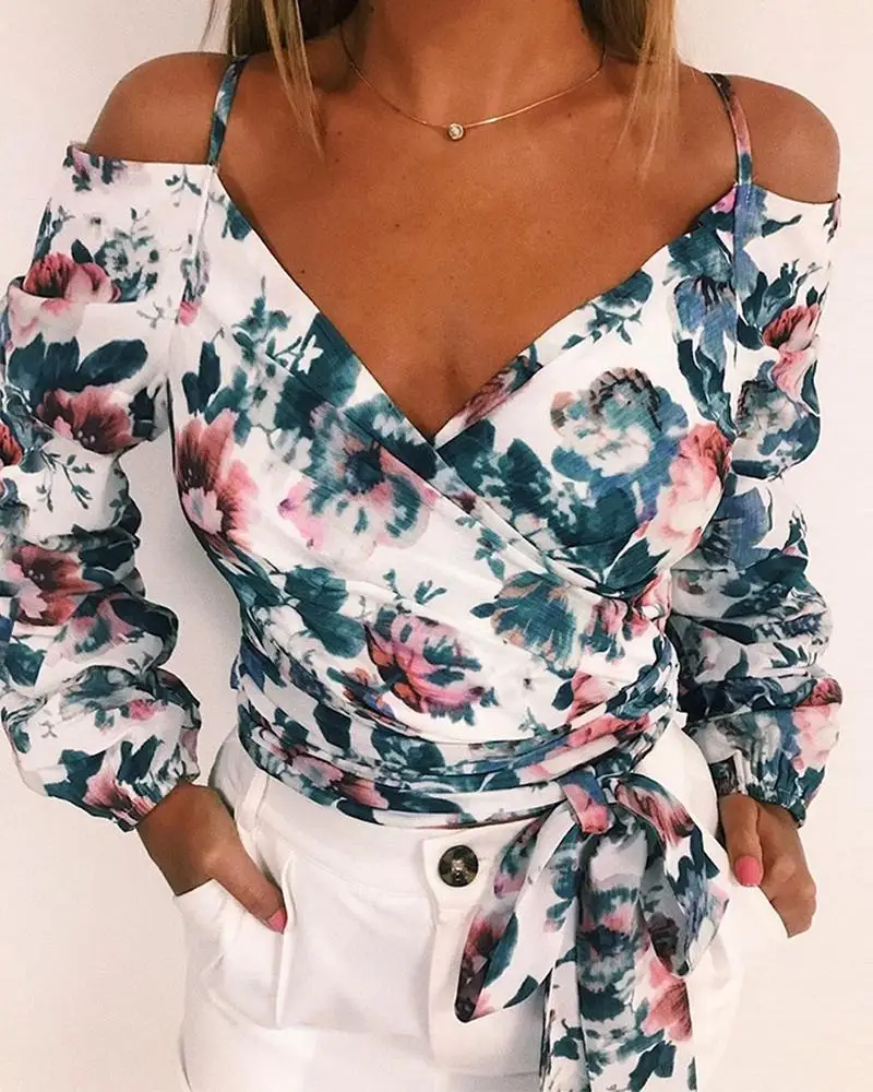 

Floral Printed Cold Shoulder Wrap Blouse Autumn Women Elegant Casual Shirt Female