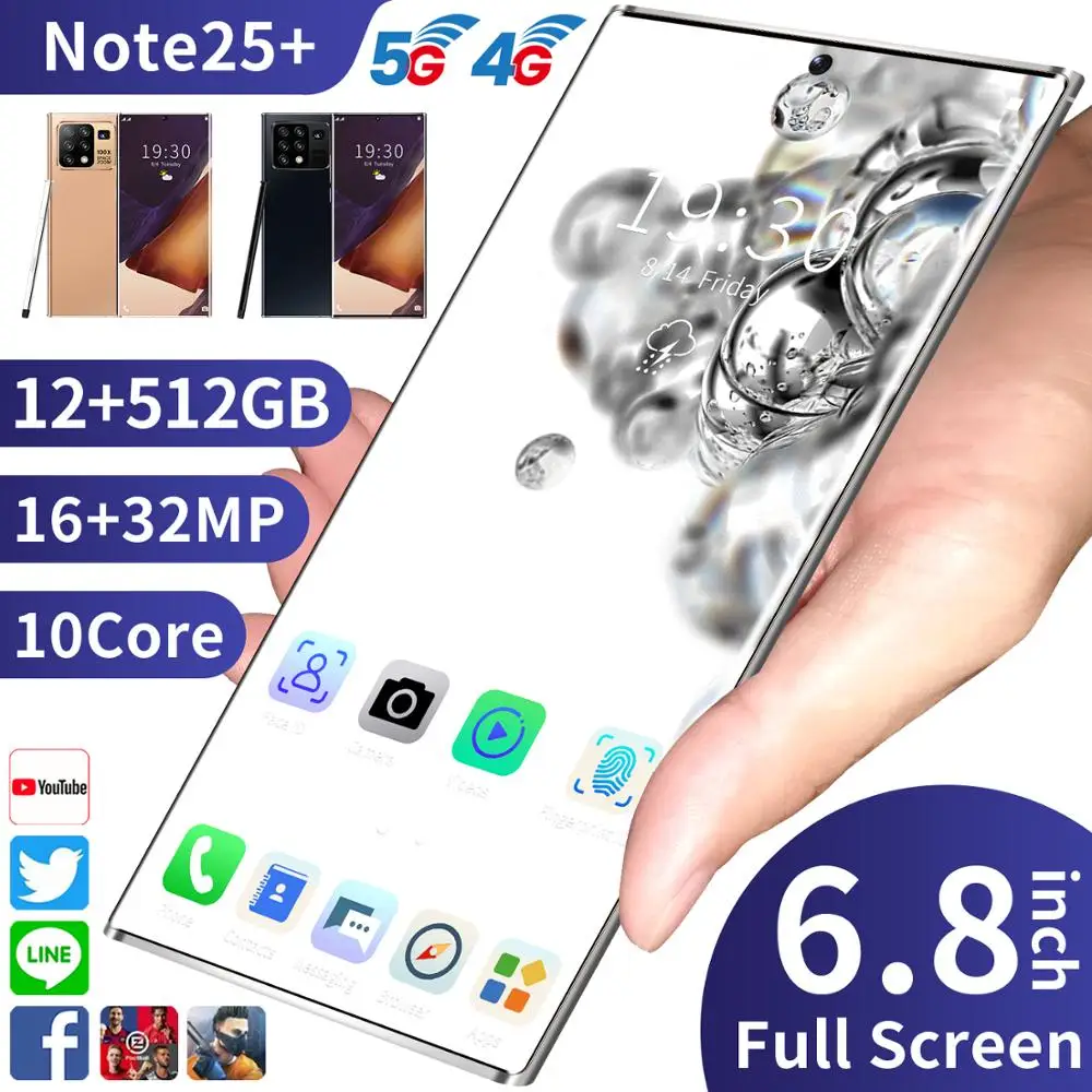 6.8 Inch Galax Note25+ Mobile Phone Snapdragon 865 Android 10.0 12GB 512GB 5000mAh Fingerprint Unlock Smart Cellphone GPS WiFi