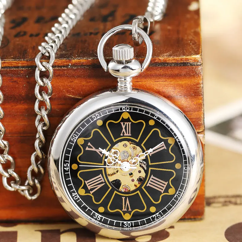 Vintage Steampunk Small Crown Mechanical Pocket Watch Hand Wind Sliver Golden Male Hollow Fob Chain Clock Reloj de bolsillo