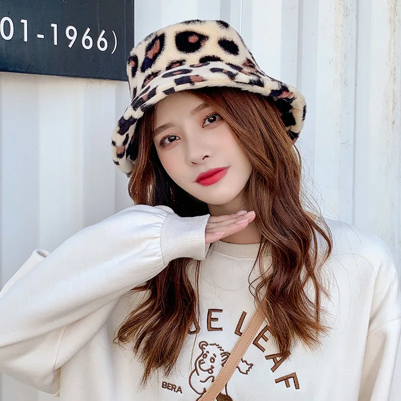 Fashion winter hat Fur Bucket Hats for Women Letter Zebra Leopard Warm Panama Black White Vintage Fisherman bucket Hats