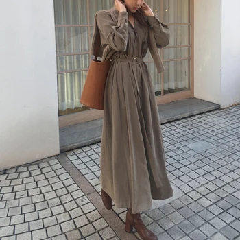 

V-neck Single-breasted Female Long Dress 2020 Spring Elegant Long Sleeve Belted Women Dress Straight Loose Vestidos
