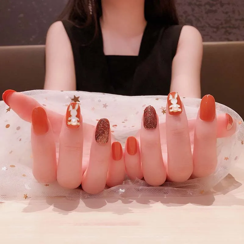 24Pcs Full Cover stick on nails Glitter Orange Fake Nail Shiny Solid Color Detachable 3D Rabbit Bride artificial nails with glue