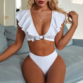 

Vintage bikini push up swimwear women Ruffles solid swimsuit female High cut two piece suits V-neck bathing suit sexy bikuini