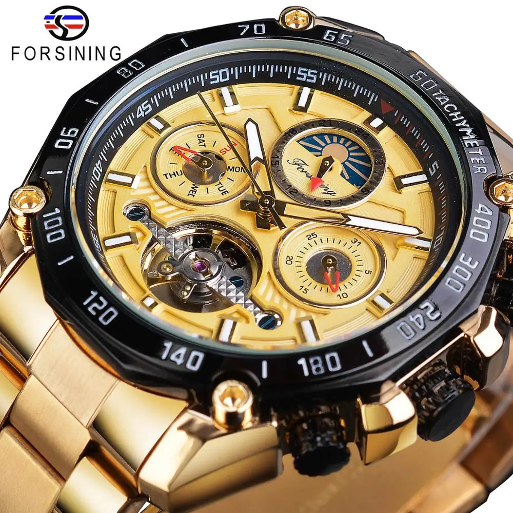 

Forsining Tourbillon Men Mechanical Watch Golden Designer Automatic Moonphase Date Skeleton Steel Strap Race Sport Watches Clock