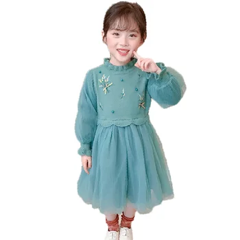 

Sweater Dress Girl Party Dress For Girls Pearl Children Party Dress Flower Embroidery Children's Costumes For Girls