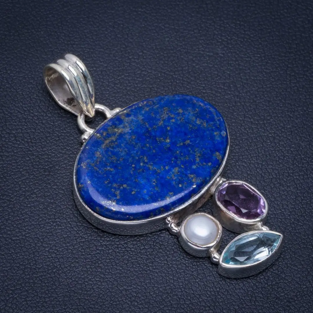 

Natural Lapis Lazuli,Blue Topaz,Amethyst&River Pearl Handmade 925 Sterling Silver Pendant 2" B3111