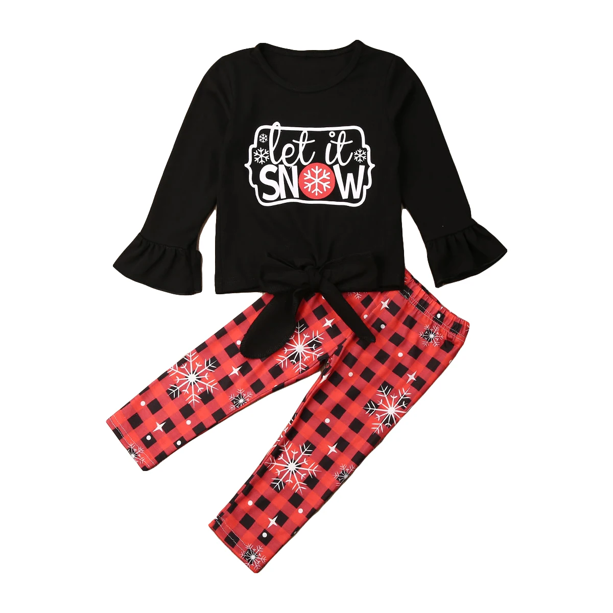 

Free Shipping Wholesale Toddler Baby Girls Winter Clothes Let It Snow T-shirt Tops+Red Plaid Pants Christmas Outfits 2Pcs Set