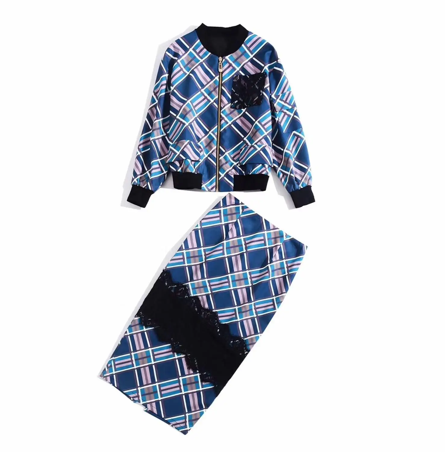 

European and American women's clothing 2019 winter new style Long sleeve plaid lace coat skirts Fashionable blue suit