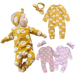 Ensemble de vêtements pour bébés filles, barboteuse à manches longues, combinaison + bandeau, 2 pièces 