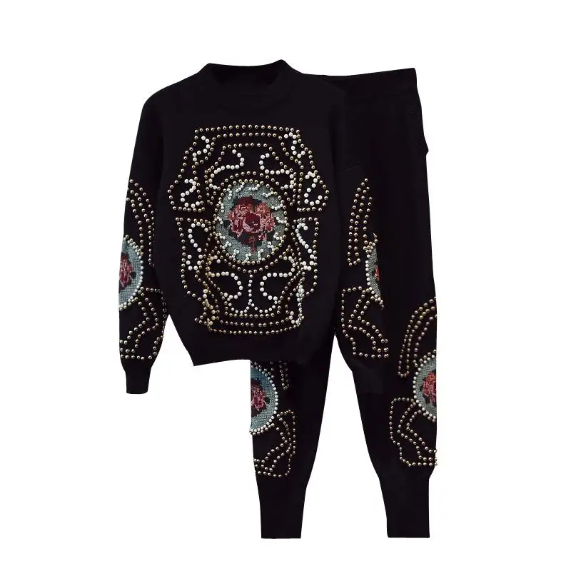 Women Thicken Handmade Embroidery Beading Knitted Sweaters +Trousers 2 Pieces Clothing Sets Good Quality Knitting Suits-c |